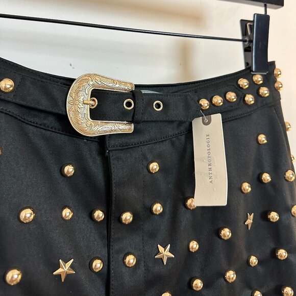 ANTHROPOLOGIE Studded Suede Mi Skirt in Black/Gold Size X-Small - Picture 4 of 10